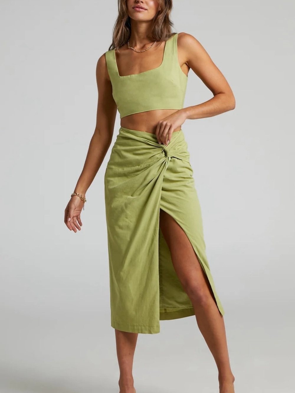 Showpo Two-Piece Top & Knot-Front Midi Skirt with Thigh Slit